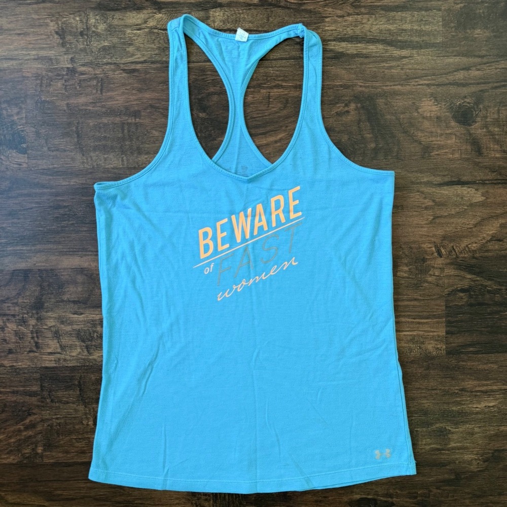 Under Armour Womens Tank Top Racerback Beware of Fast‎ Women Blue Medium